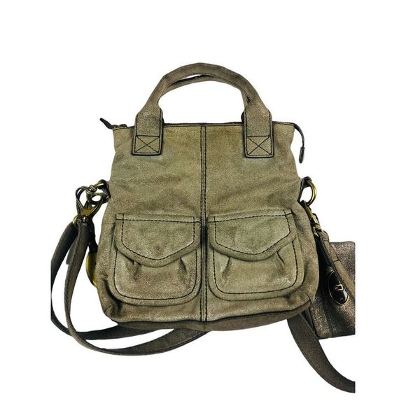 fossil suede gold metallic explorer crossbody hobo tote and coin change purse - Picture 3 of 12